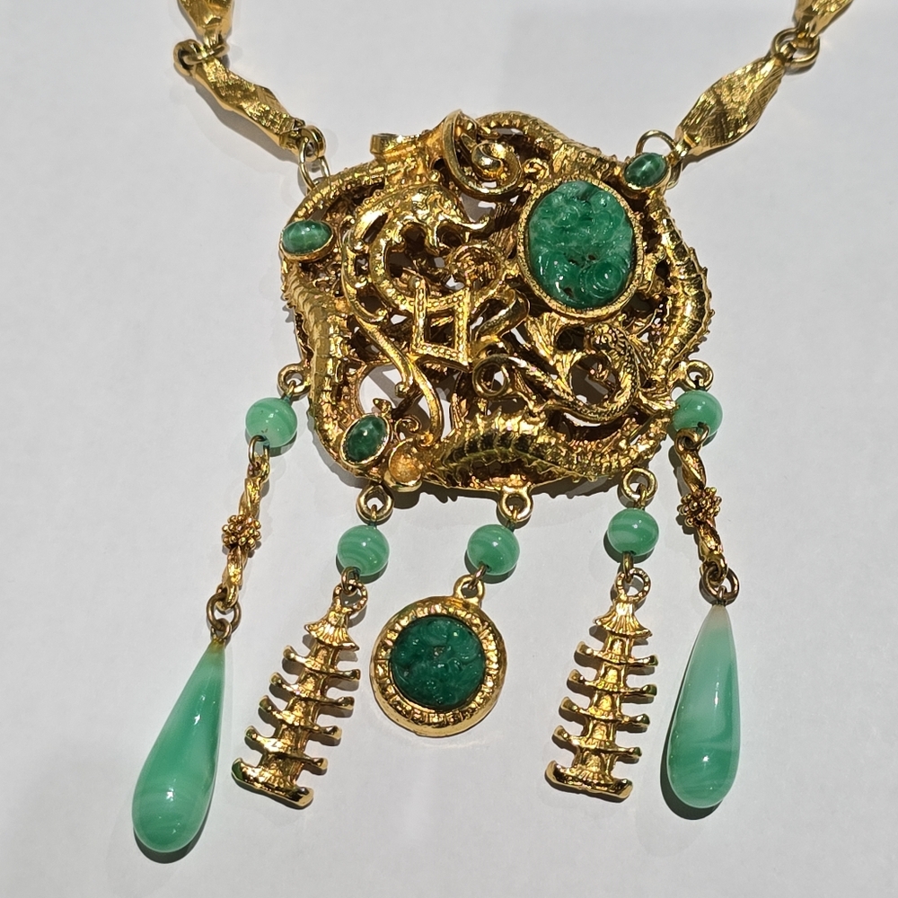 Vintage Huge Oriental Dragon Jade Peking Glass Necklace Art Deco